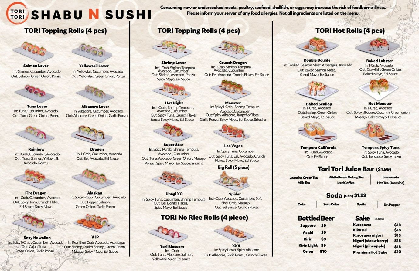 Shabu N Sushi menu with assorted sushi platters and combo prices on a beige background