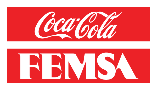 Logotipos da coca cola e da femsa em um fundo vermelho