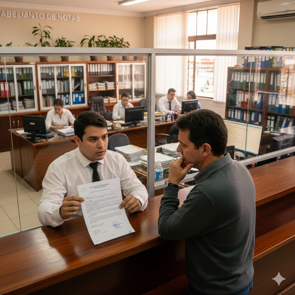 A man showing paperwork to a client in a notary office. Several employees work behind desks.