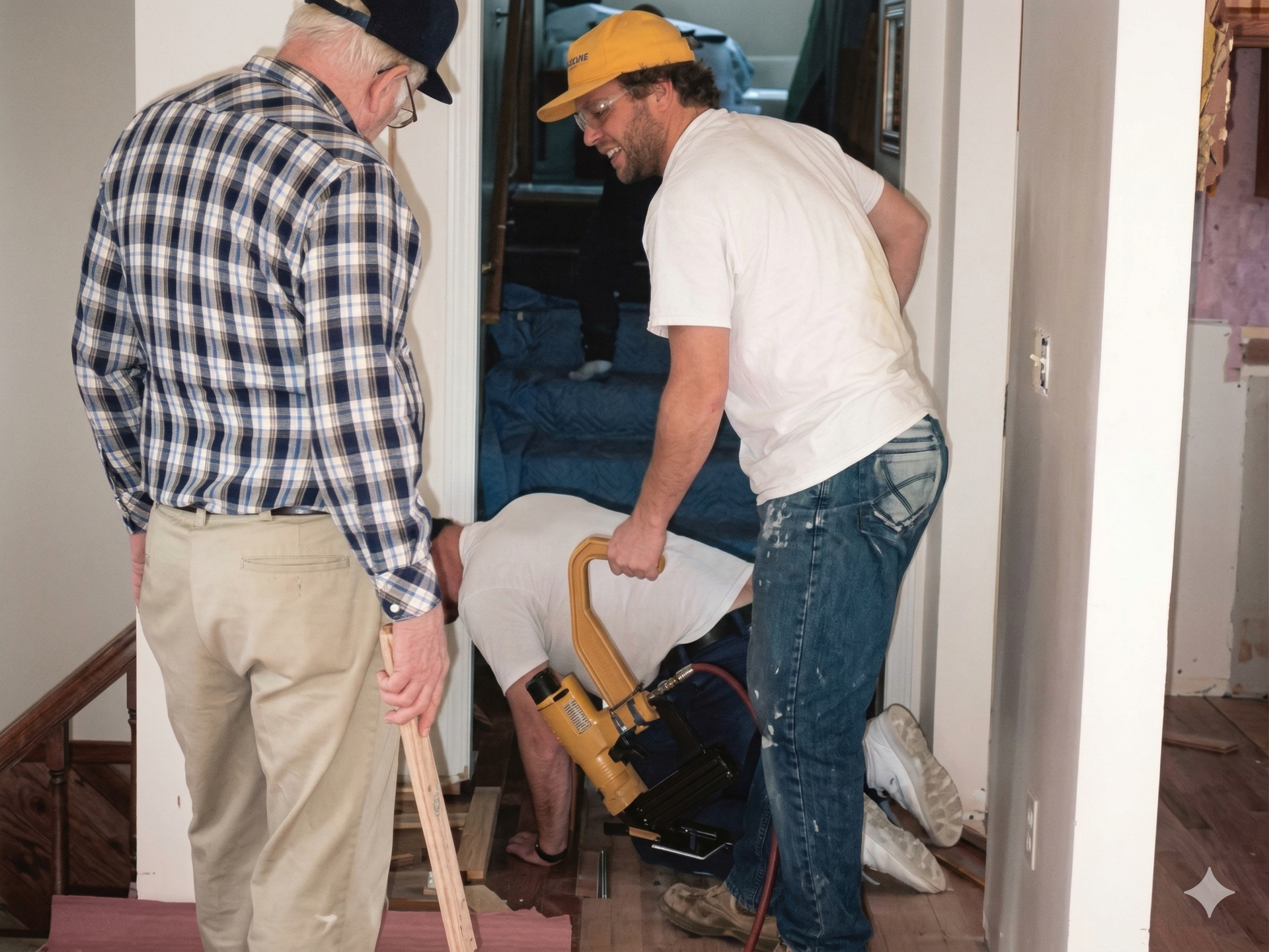 Three workers installing flooring with a pneumatic nail gun in a hallway.