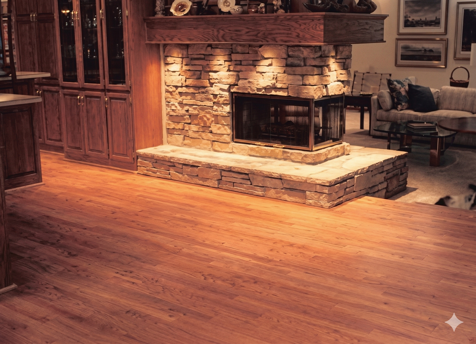 A stone fireplace with a wooden mantle sits in a living room with wooden flooring and cabinetry.