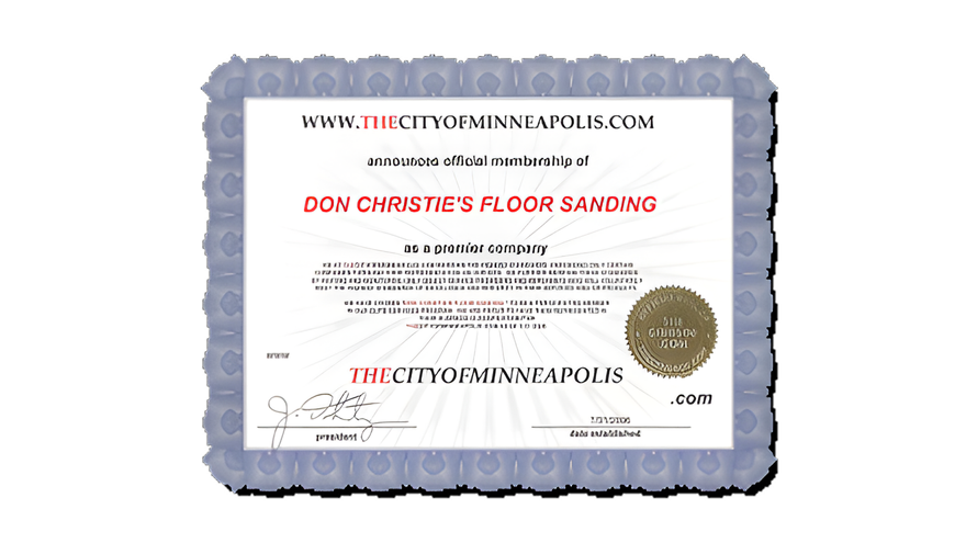 A document from The City of Minneapolis, certifying Don Christie’s Floor Sanding, with a gold seal and signatures.