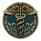 A caduceus symbol with wings and a snake on a stick in a circle.