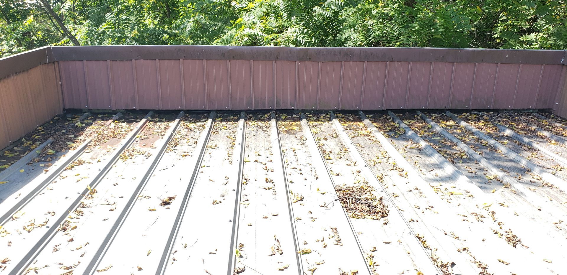 A roof with a wooden fence and a lot of leaves on it.