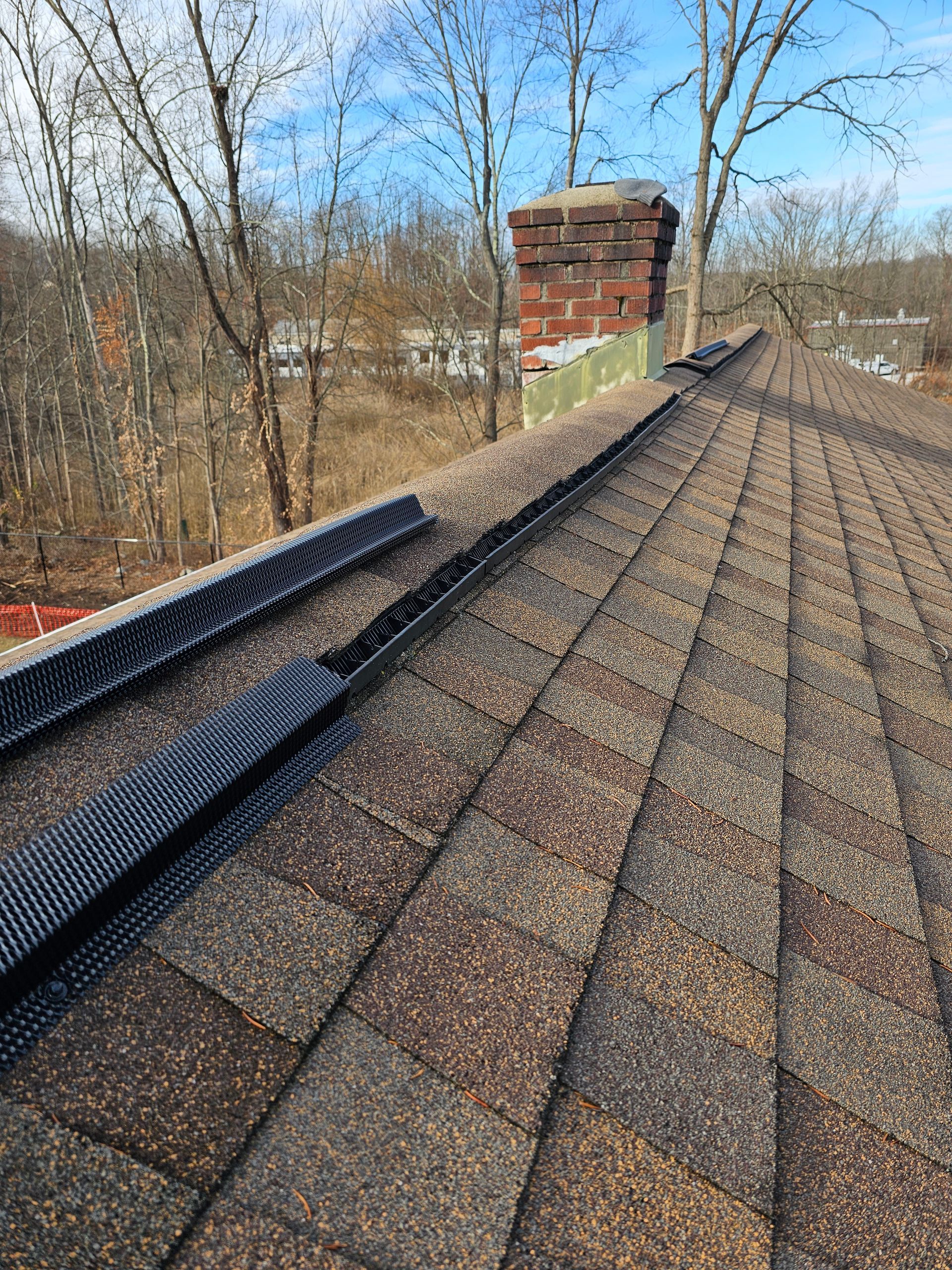 A close up of a roof with a chimney and trees in the background.