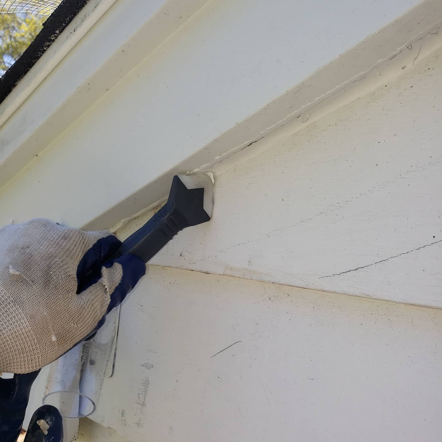 A person is using a vacuum cleaner on a white house