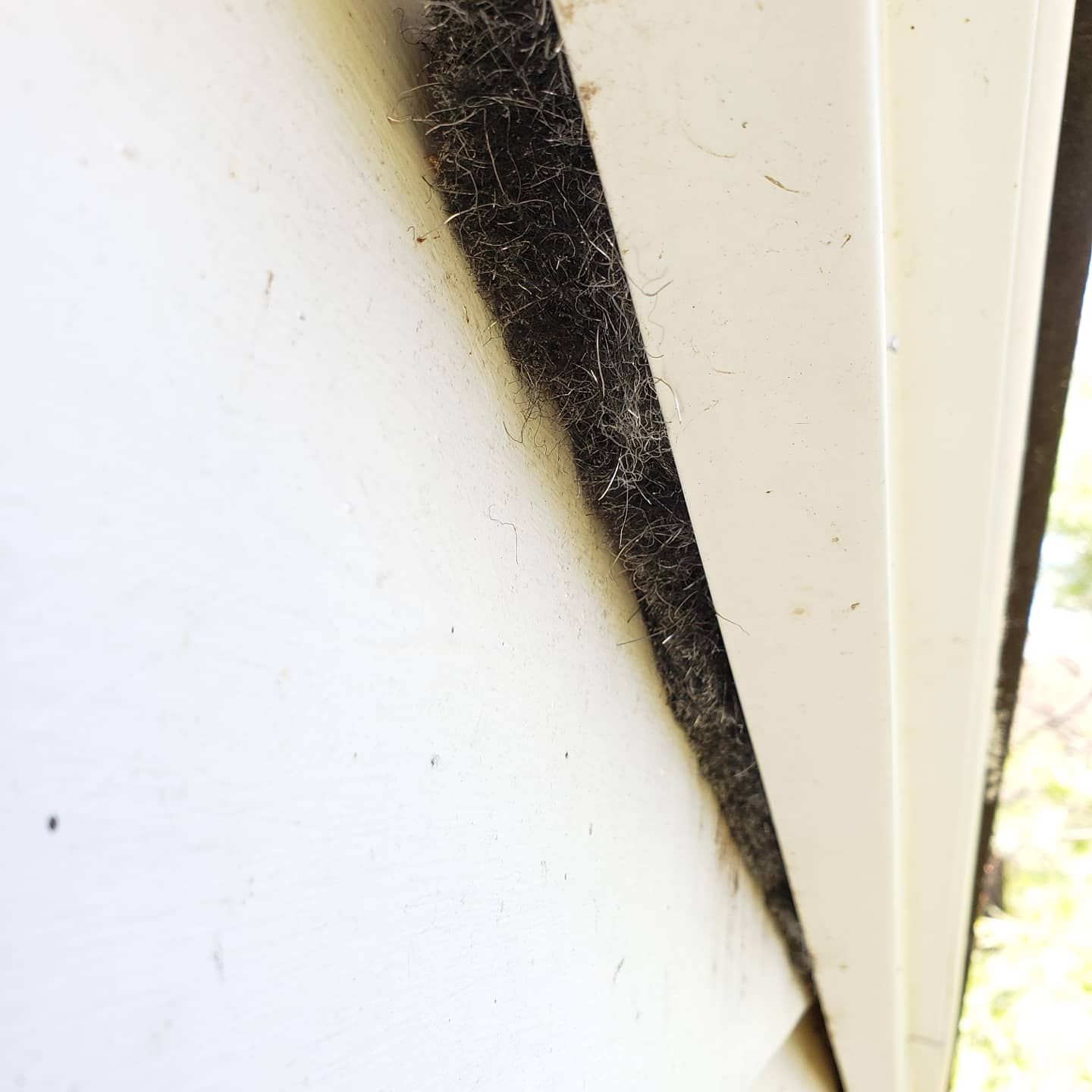 A close up of a white wall with a black stripe on it