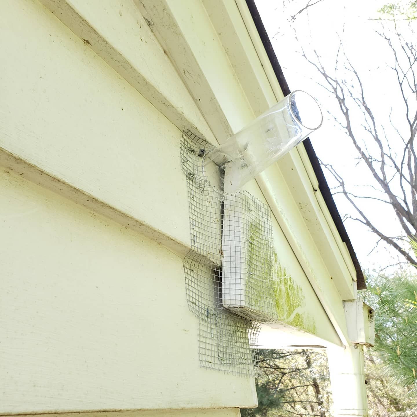 A plastic cup is hanging from the side of a house