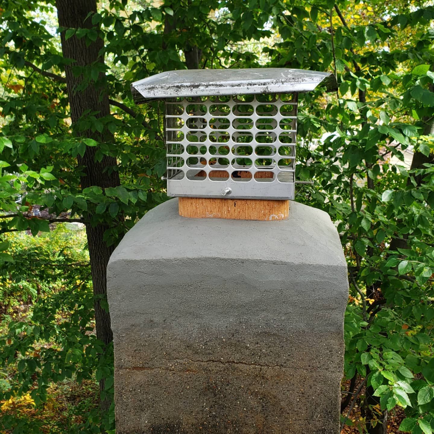 A chimney cap is sitting on top of a concrete post surrounded by trees