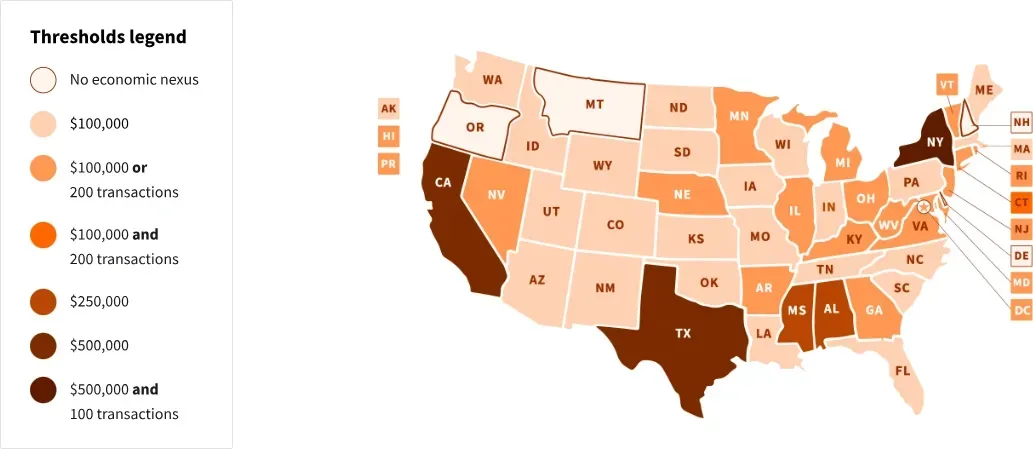Economic nexus thresholds map Economic nexus thresholds map illustration