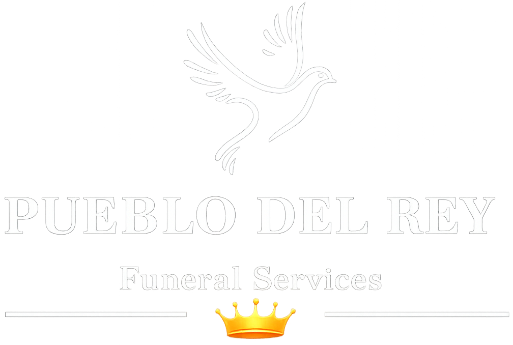 Logo for Pueblo Del Rey Funeral Services: white dove above text and crown.