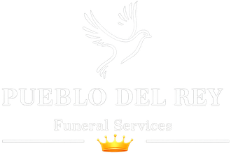 Logo for Pueblo Del Rey Funeral Services: white dove above text and crown.