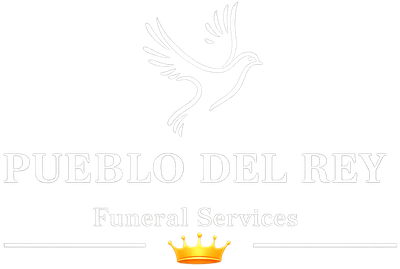 Logo for Pueblo Del Rey Funeral Services: white dove above text and crown.