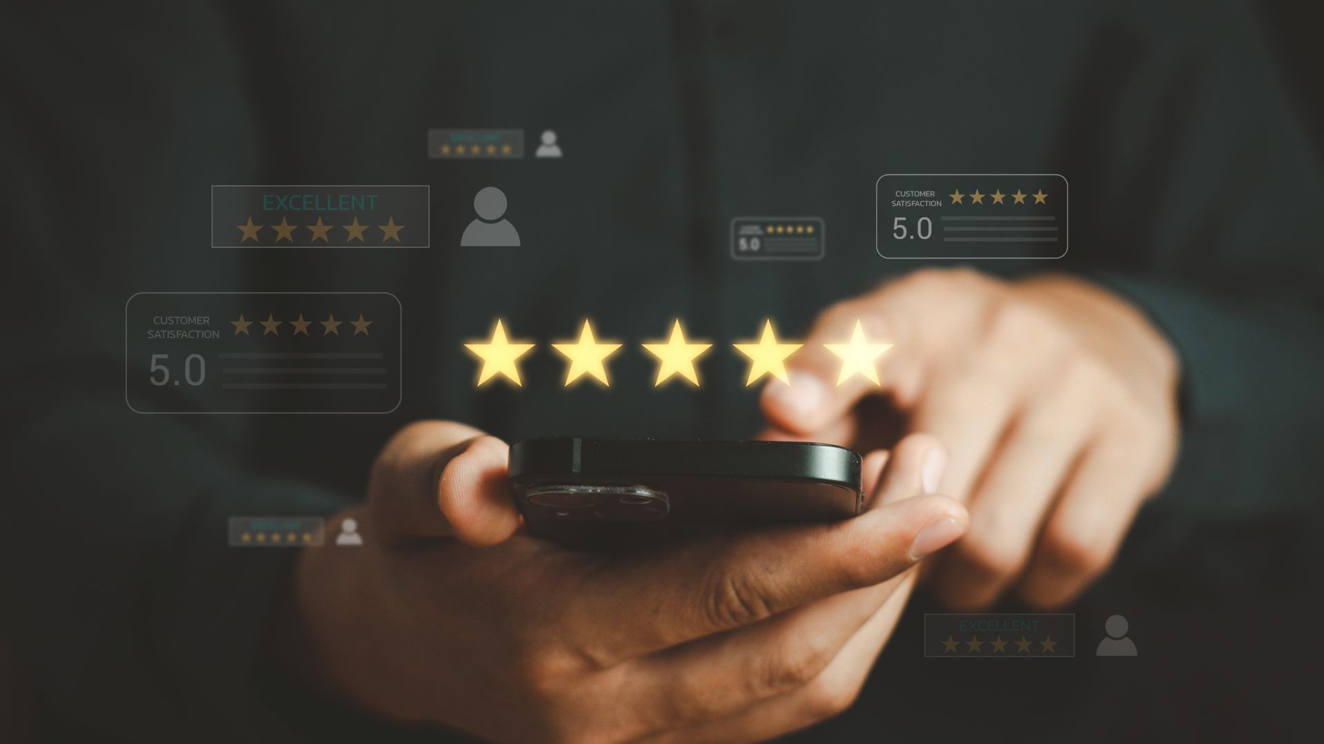 Person holding a phone, selecting five-star rating with digital icons of reviews and profiles.