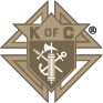 Knights of Columbus emblem: tan shield with sword, anchor, ax, and 