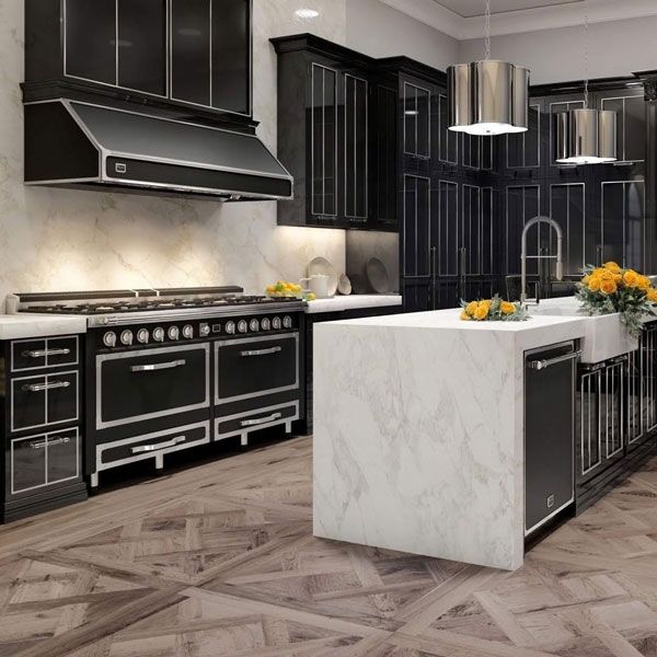 Kitchen with black cabinets and modern appliances