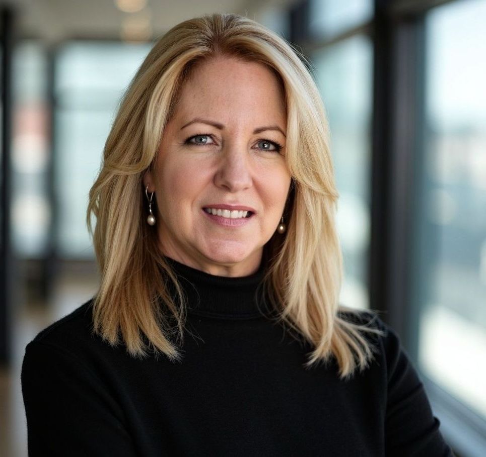 Professional headshot of a person with blonde hair wearing a black turtleneck, posed against a blurred office background.