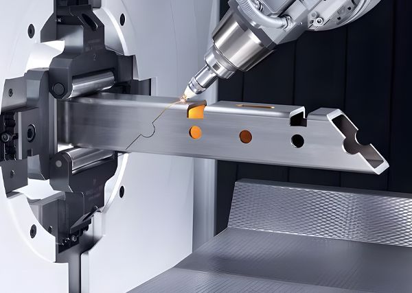 A robot is cutting a piece of metal on a machine.