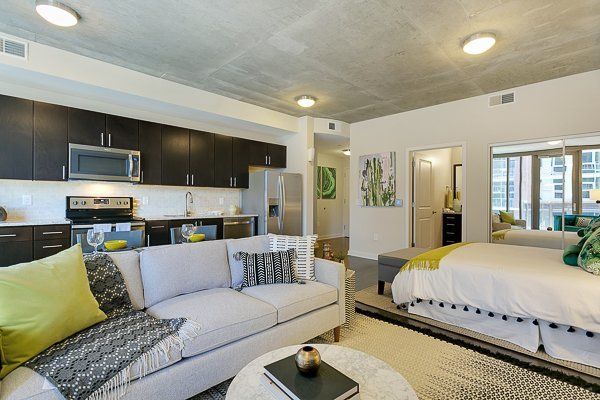 A living room with a couch and a bed and a kitchen.