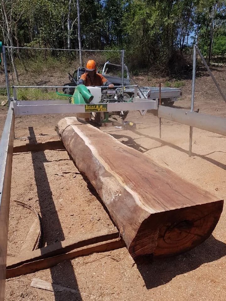 A Man is Cutting a Large Log With a Machine — Mackay Hardwood Sales in Freshwater Point, QLD