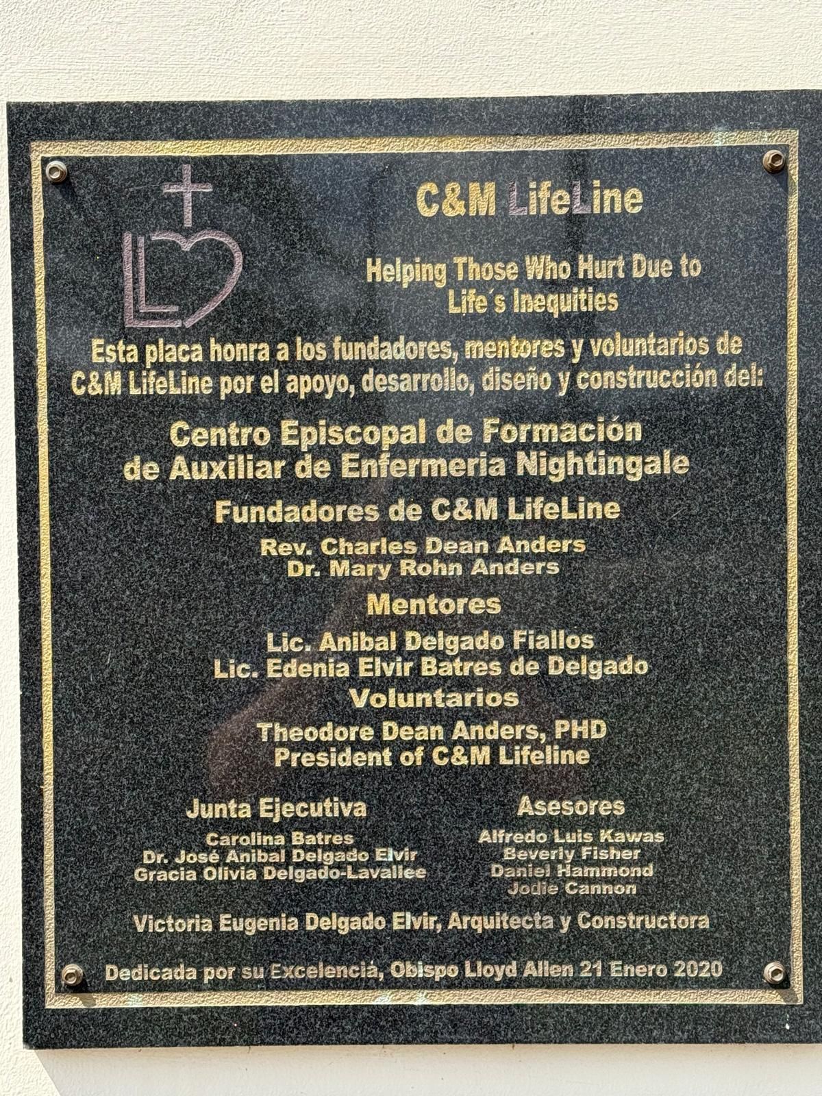 Plaque for C&M Lifeline: honoring founders, mentors, and volunteers of the Nightingale nursing center.