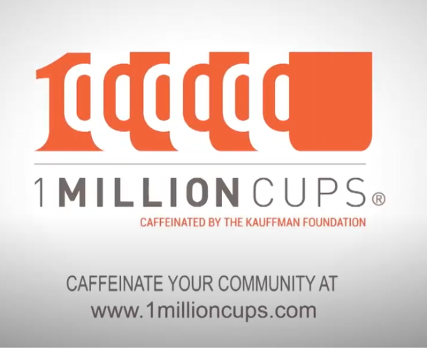 a logo for 1 million cups caffeinated by the kaufman foundation