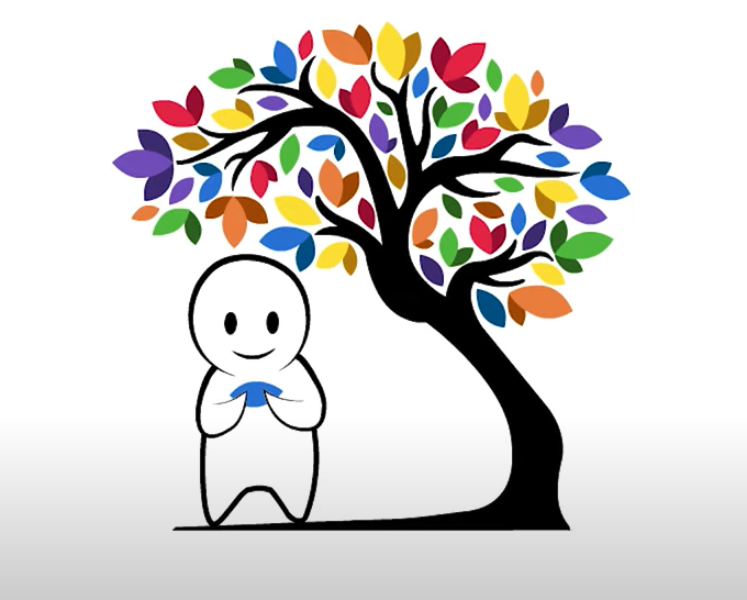 a cartoon character is standing next to a tree with colorful leaves