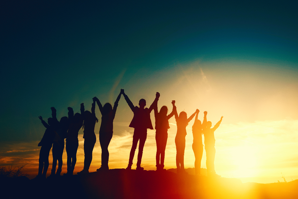 a group of people are standing in a line holding hands at sunset .