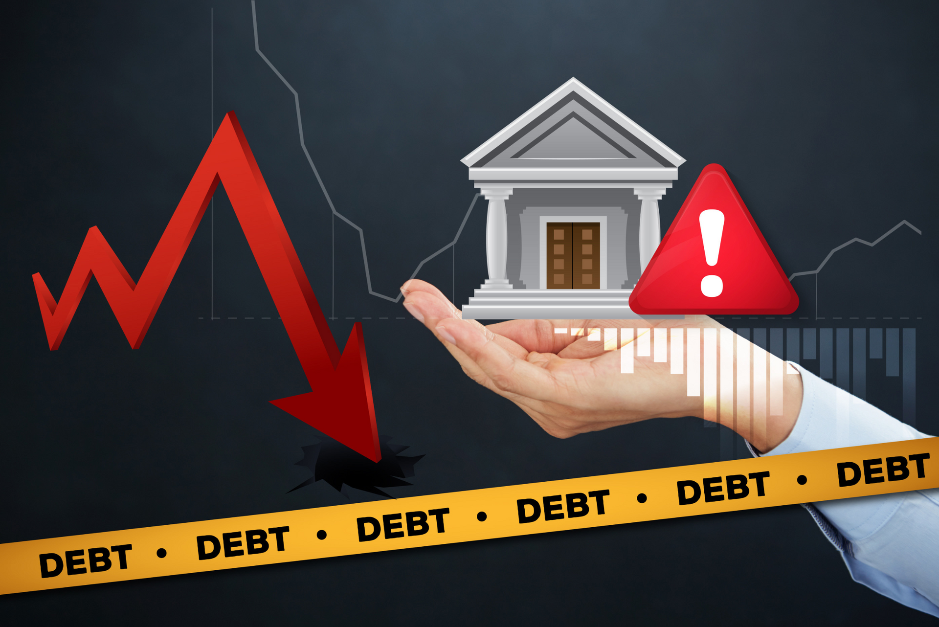 a hand is holding a bank with an arrow pointing down .