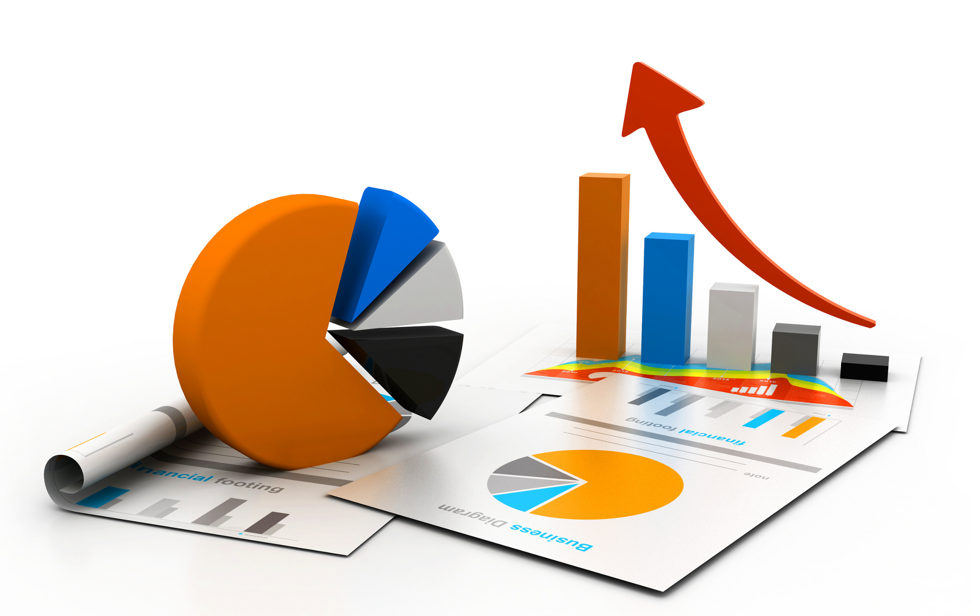 a pie chart and a graph with an arrow pointing up