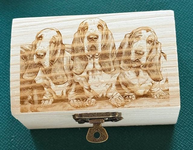 Houten doos met lasergeëtste afbeelding van drie bassethonden. De doos heeft een messing sluiting.