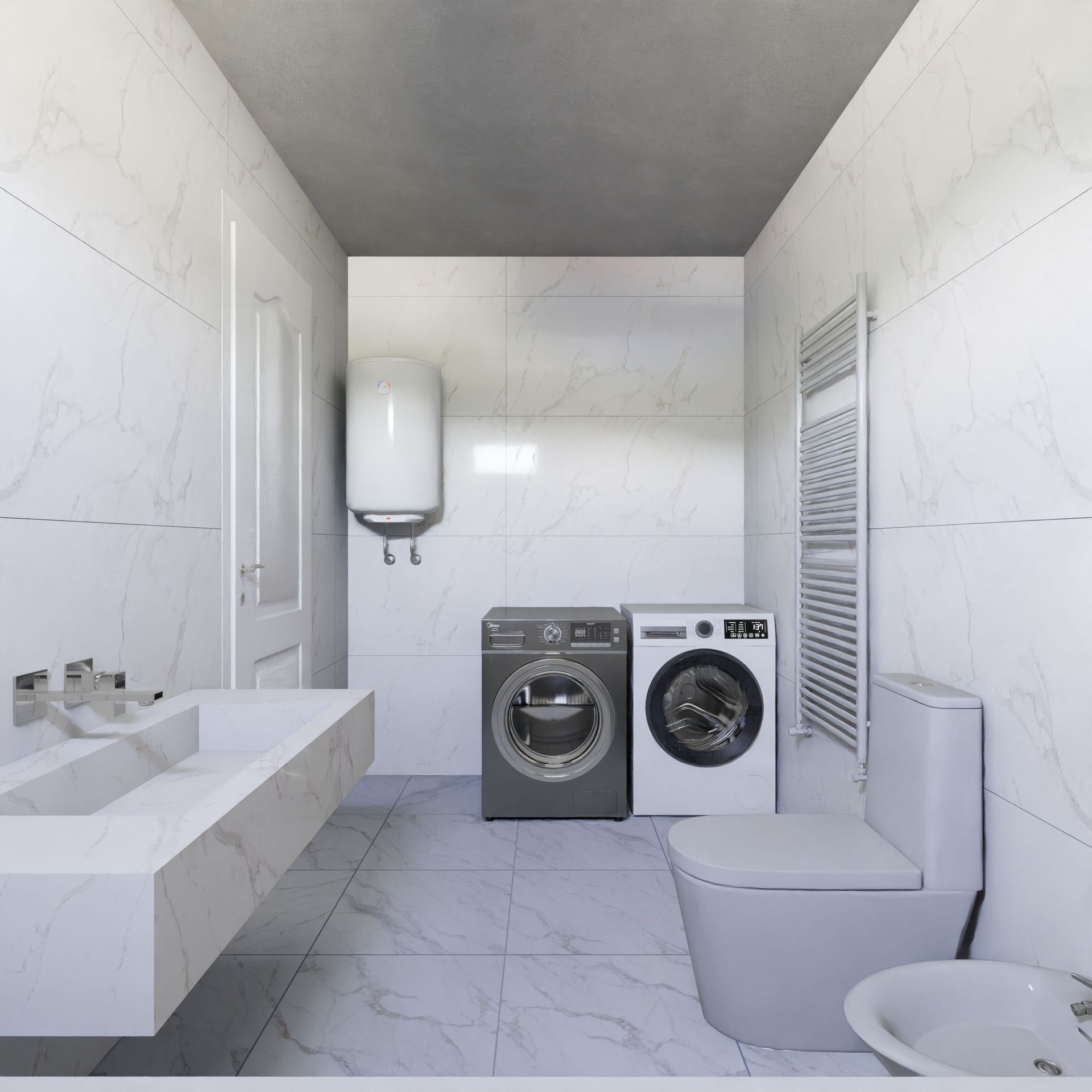 Modern bathroom with white tile, sink, toilet, washer and dryer, and wall-mounted water heater