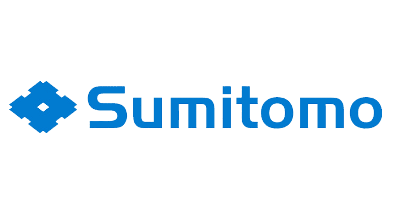 A blue and white logo for sumitomo on a white background.