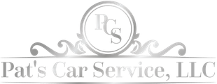 The logo for pat 's car service , llc is a silver logo on a white background.