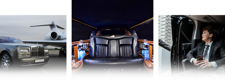 A man in a suit is sitting in a car next to a plane and a limousine.