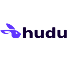 A purple and black logo for a company called hudu