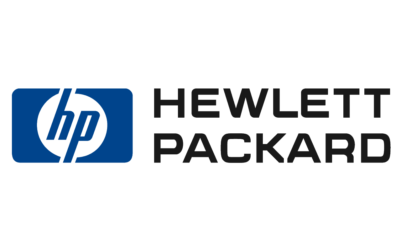 The logo for hewlett packard is blue and black on a white background.