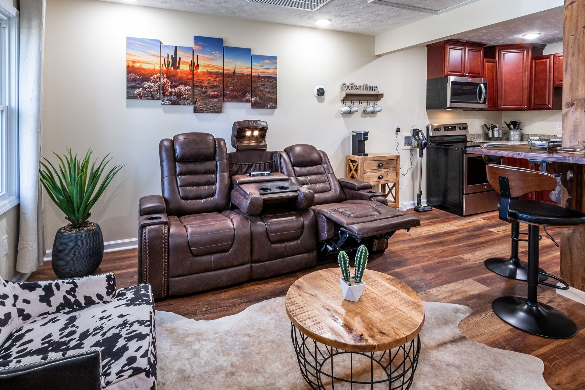 A living room with a couch and a coffee table