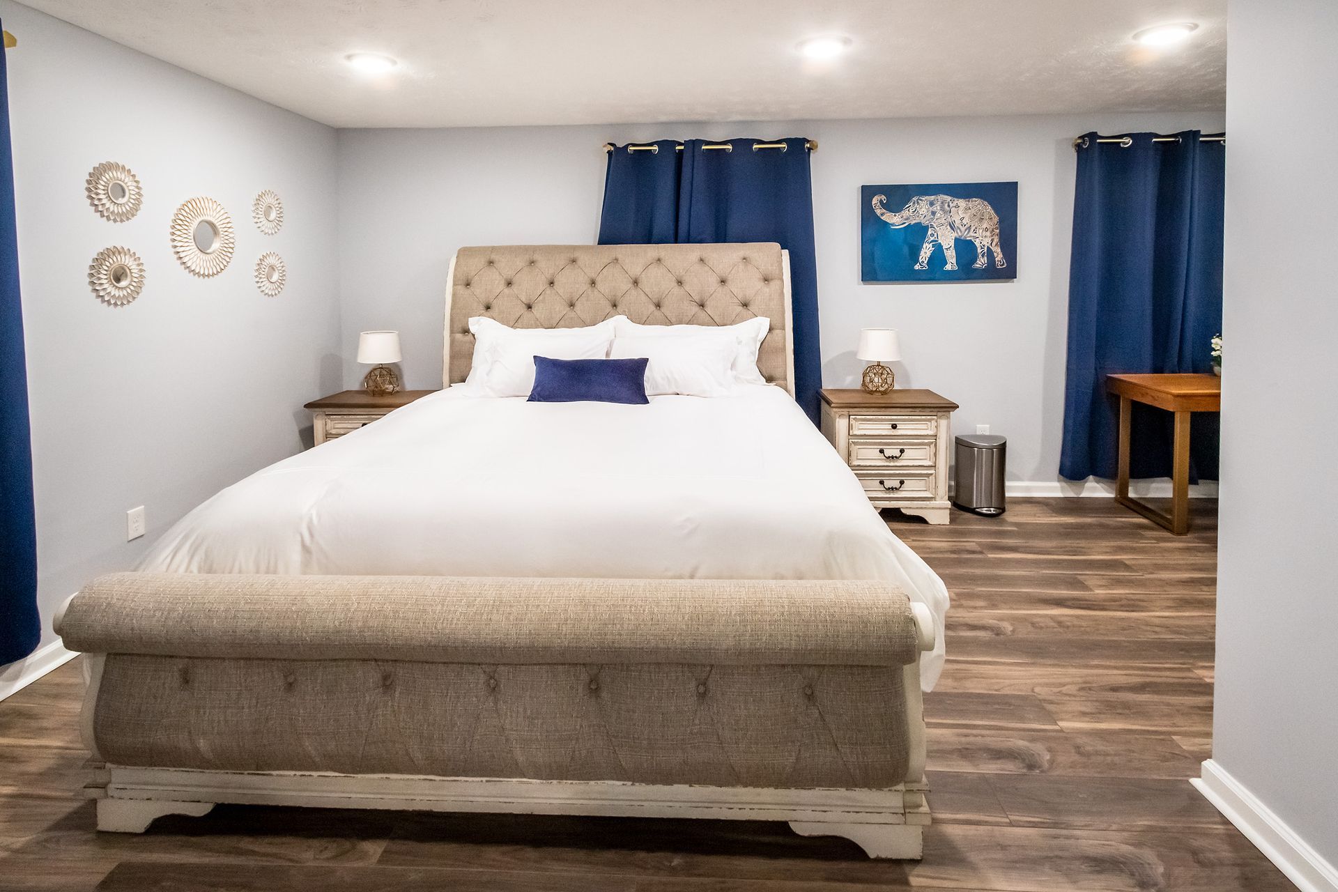 There is a large bed in the middle of the room.