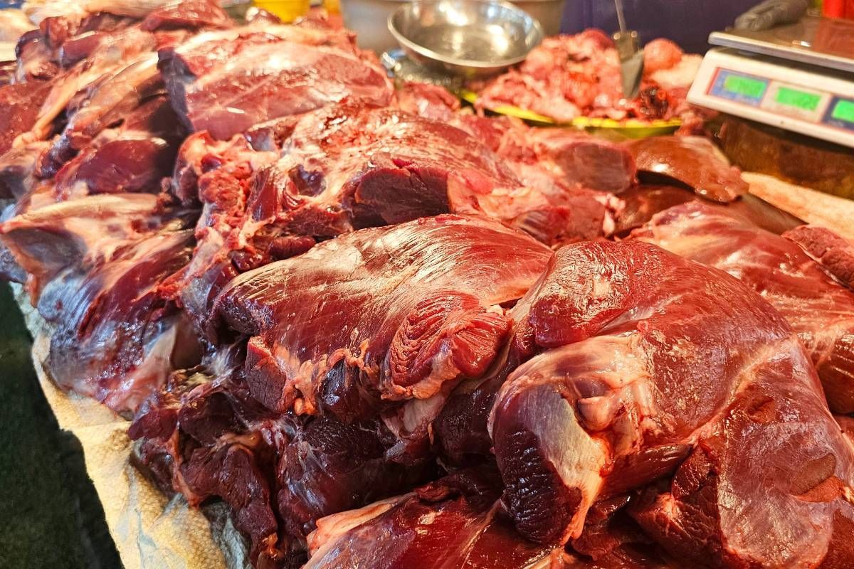 Local beef displayed in a stall with a food scale at Harrison Harvesting near Carlisle, KY