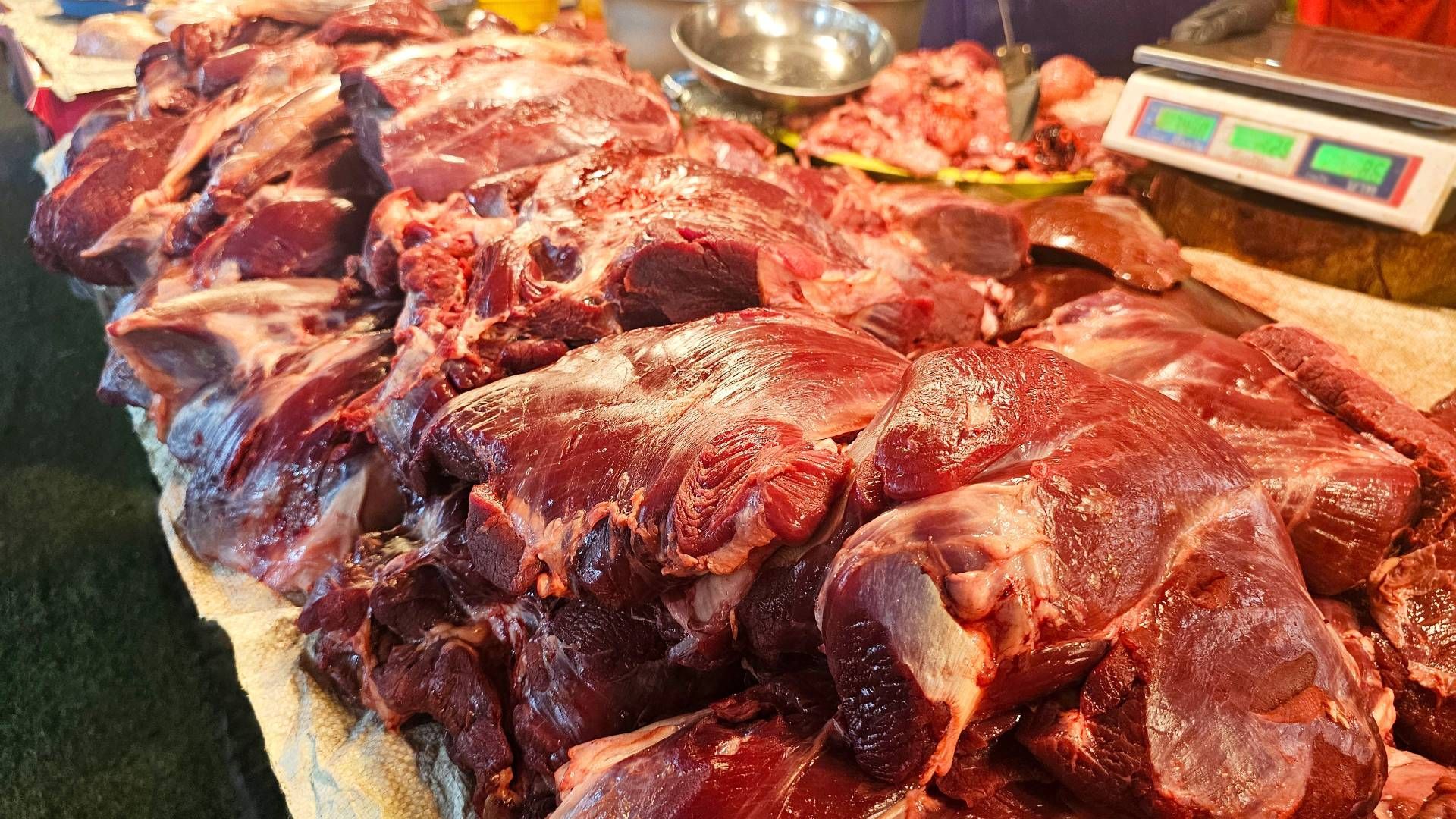 Local beef displayed in a stall with a food scale at Harrison Harvesting near Carlisle, KY