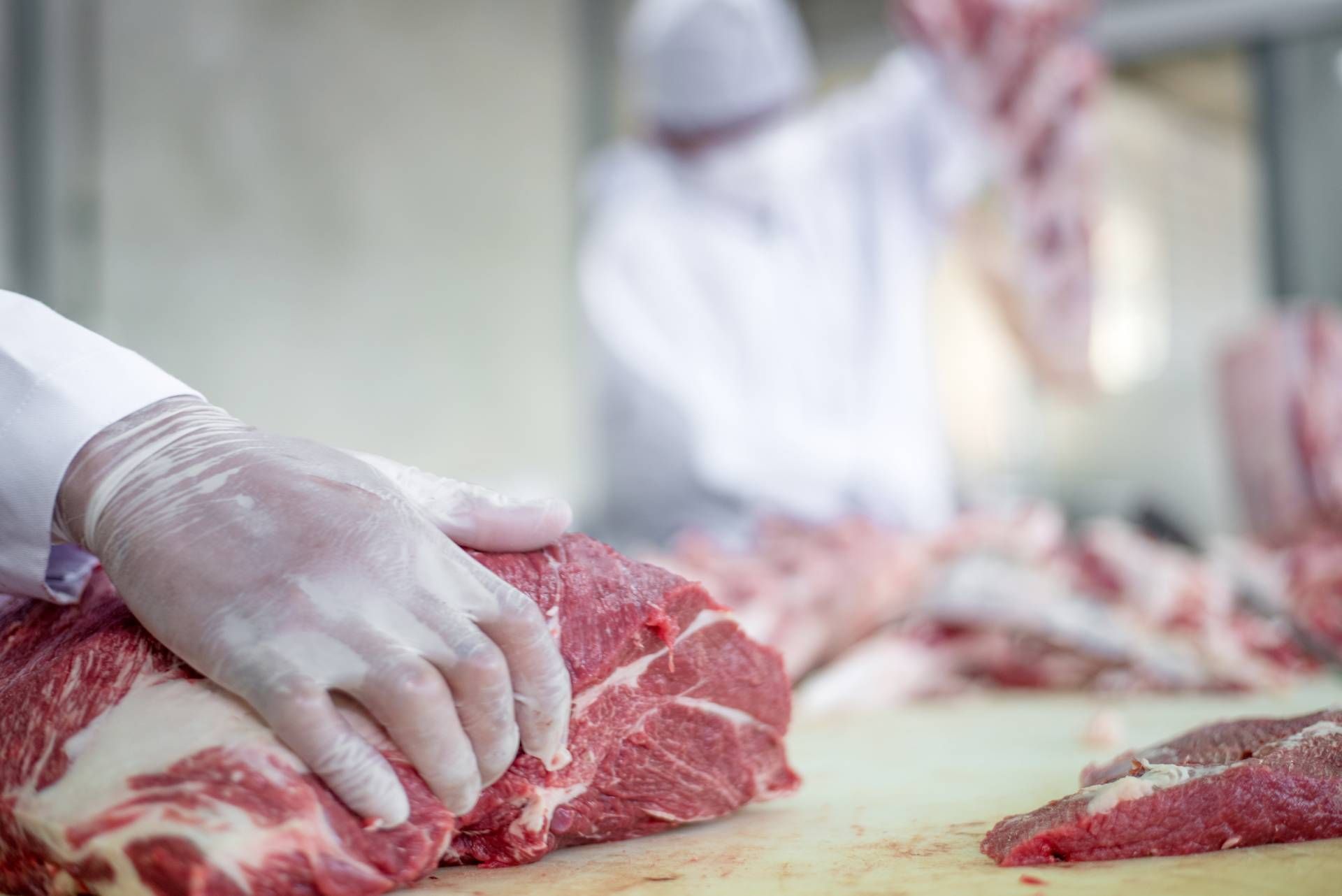 A local butcher near Carlisle, KY, cutting meat on a butcher block at Harrison Harvesting near Carli