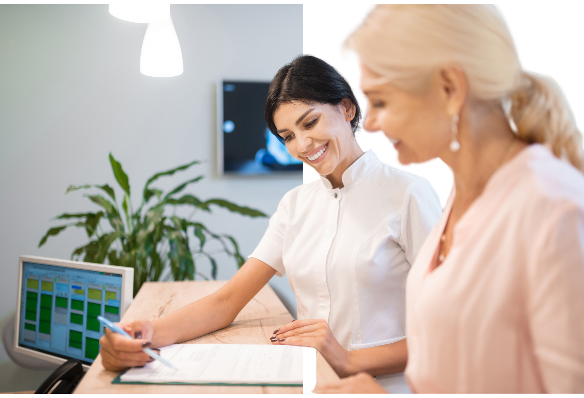 A nurse is talking to a patient in a dental office.