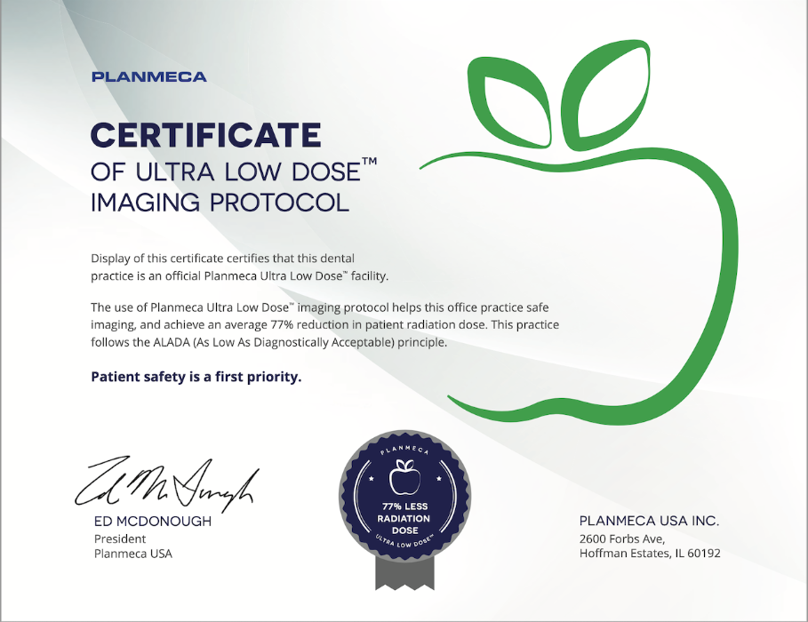 A certificate of ultra low dose imaging protocol with an apple on it.