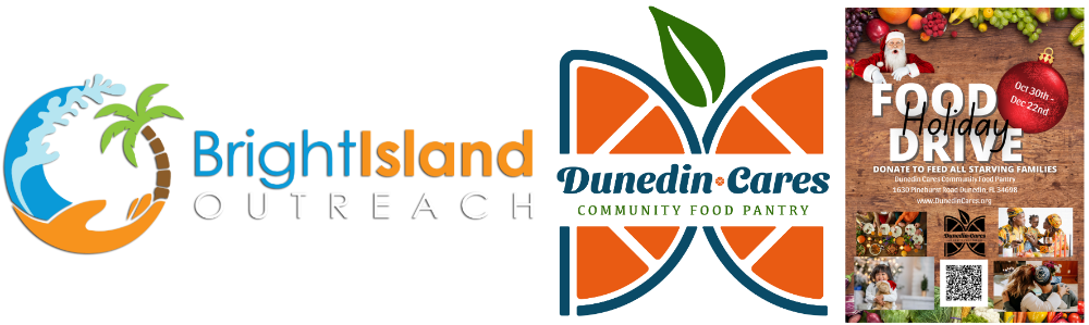 The logos for bright island outreach dunedin cares and food drive