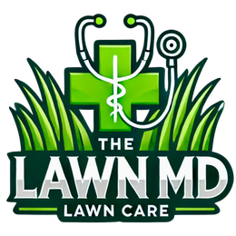 Logo for "The Lawn MD" lawn care service: Green cross and grass with a stethoscope.