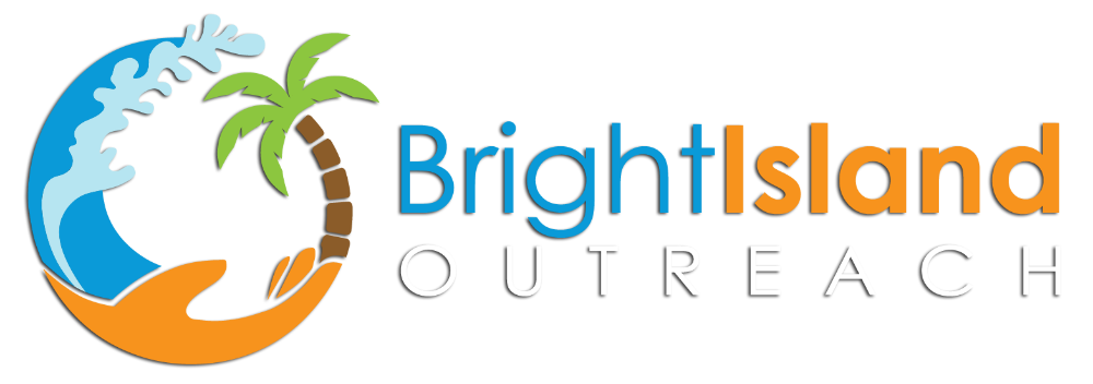 The logo for bright island outreach shows a palm tree and a wave.