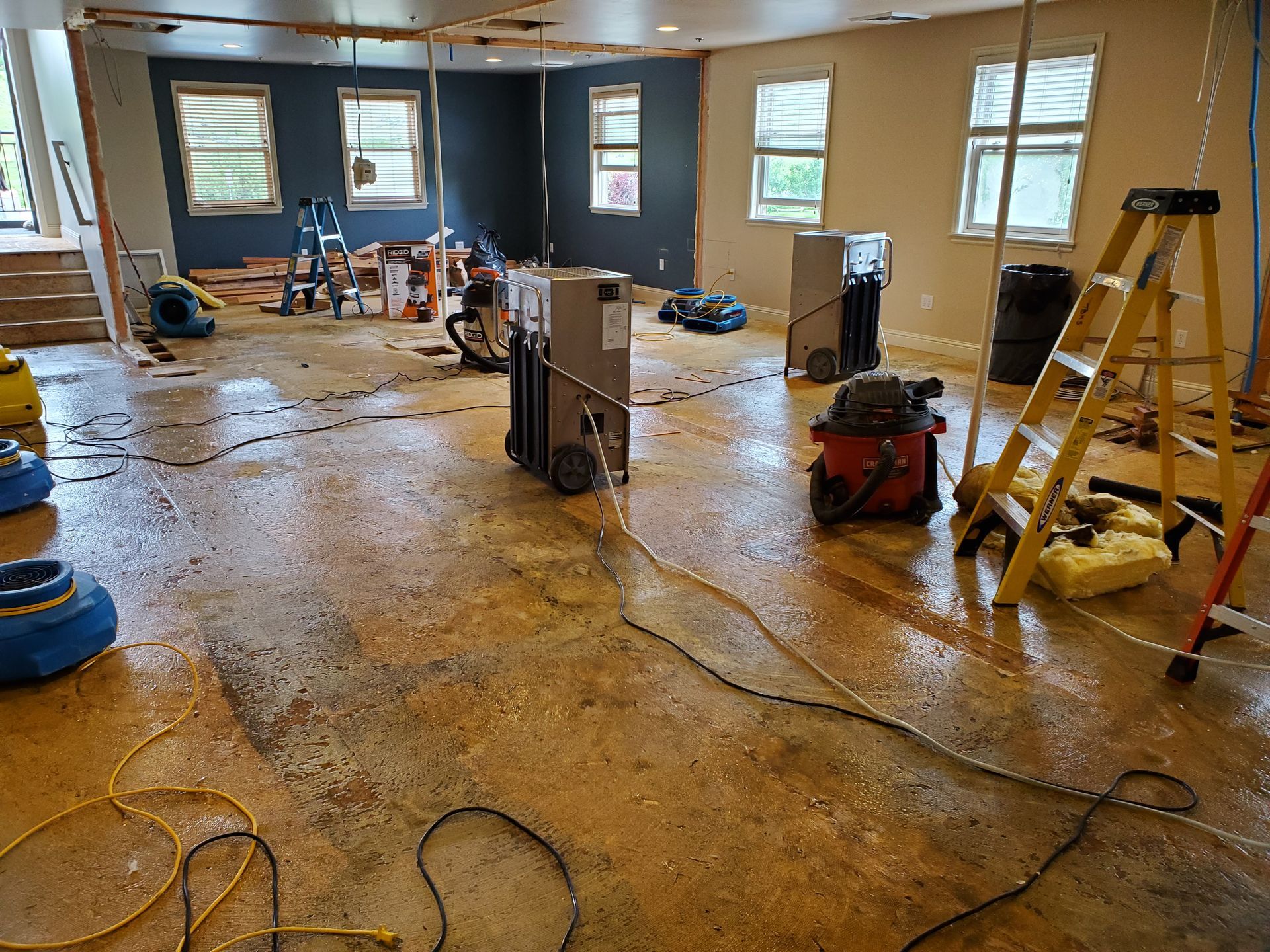 A room with a lot of tools on the floor and a ladder.