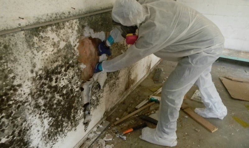 A person in a protective suit is cleaning a wall.