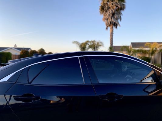 A black car with a palm tree in the background